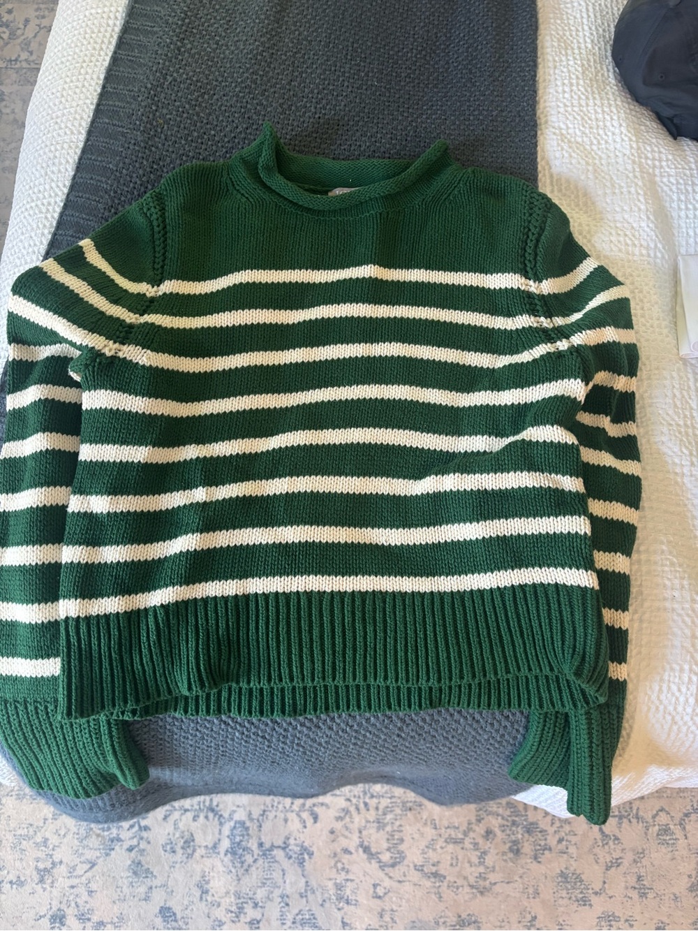 J. Crew Green and Cream Striped Crewneck Sweater